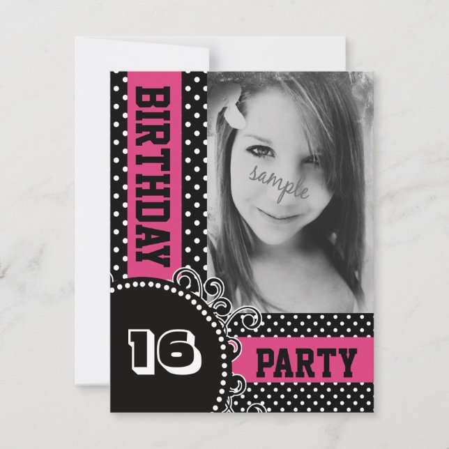 Modernes Polka Dots Pink Girl Party mit Foto Einladung (Vorderseite)