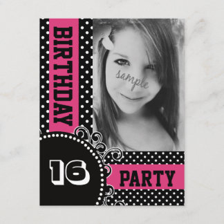 Modernes Polka Dots Pink Girl Party mit Foto Einladung