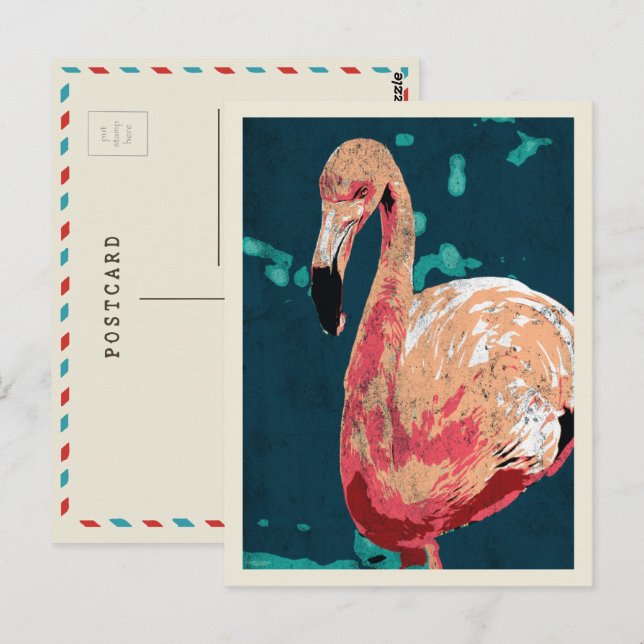 Modernes Portrait einer rosa Flamingo-Illustration Postkarte (Vorne/Hinten)