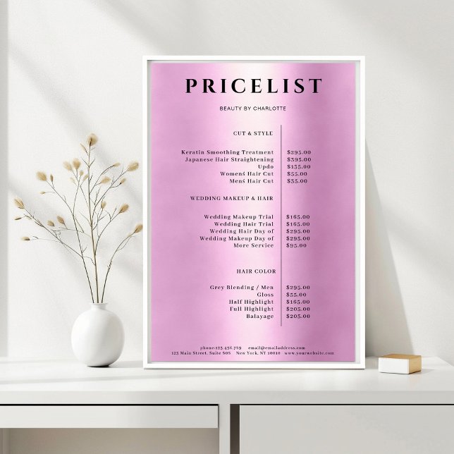 Modernes Poster der einfachen rosa Salon-Preislist (Modern Simpel Pink Salon Price List Poster)
