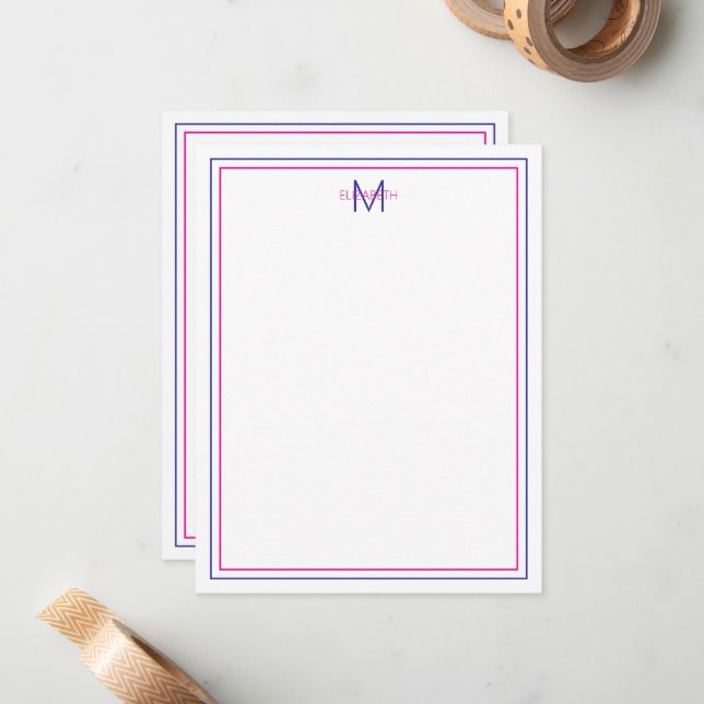 Modernes Preppy-Pink und Navy Blue Monogram Mitteilungskarte (Vorderseite/Rückseite Beispiel)