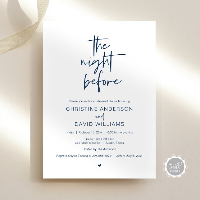 Modernes Probe Dinner, Die Nacht vor Invitati Einladung (The Night Before, Modern Wedding Rehearsal Dinner, Celebration Invitation Card, in Navy Blue)
