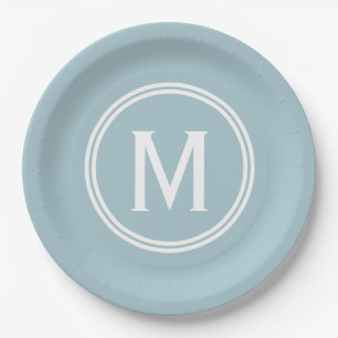 Modernes Pulver Blue Custom Round Gerahmt Monogram Pappteller