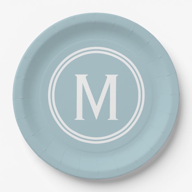 Modernes Pulver Blue Custom Round Gerahmt Monogram Pappteller (Vorderseite)