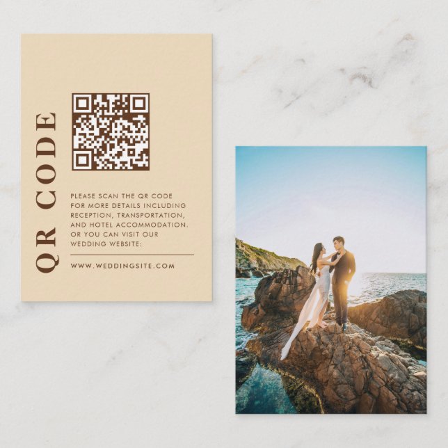 Modernes QR Code Beige Wedding Details Foto Begleitkarte (Vorne/Hinten)