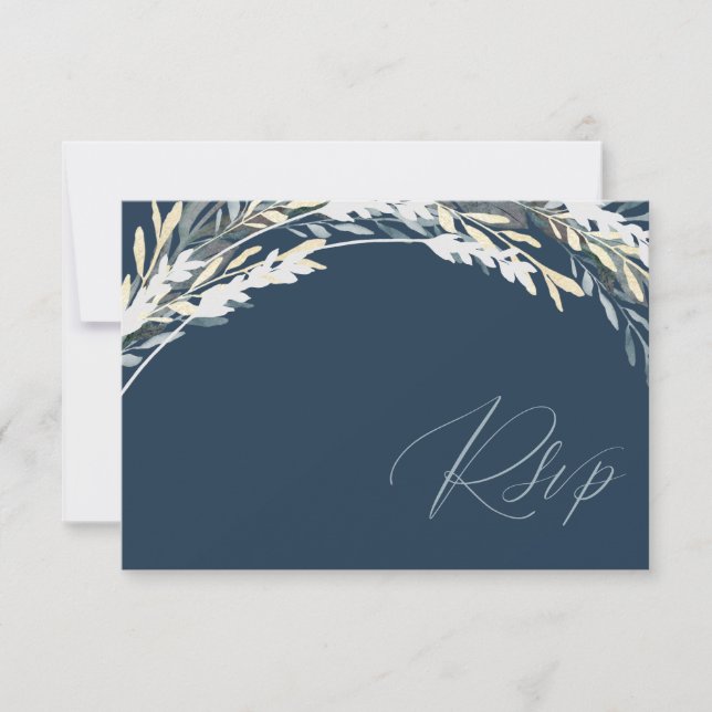 Modernes QR Code Blue & Silver Foliage UAWG Weddin RSVP Karte (Vorderseite)