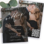 Modernes QR CODE-Drehbuch 2 Fotos Hochzeit Einladung<br><div class="desc">Elegantes trendiges Foto in einer Hochzeitseinladung mit "der Hochzeit" von weißem Text und schwarzem Overlay mit einem schicken Kalligraphieskript. Personalisieren Sie es mit Ihren 2 Fotos und Ihrem Scan QR CODE (automatisch generiert mit Ihrem URL-Link) auf die Website für UAWG online und weitere Details. Diese zeitlose Hochzeitsveranstaltung eignet sich für...</div>