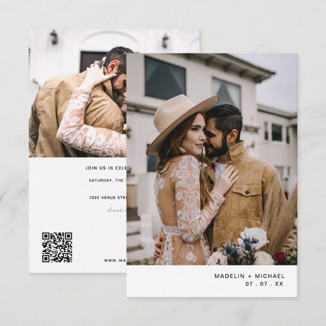 Modernes QR Code Foto Hochzeitseinladung Einladung (Vorne/Hinten)