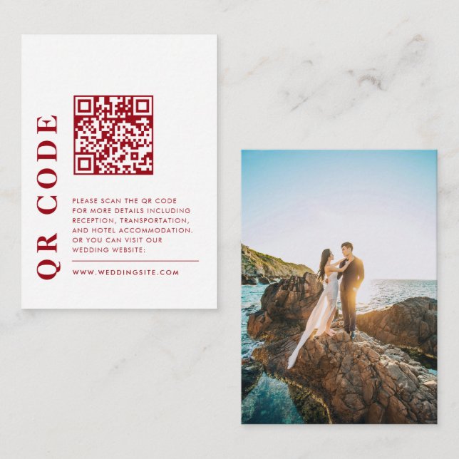 Modernes QR Code Rot & Weiß Hochzeitsdetails Foto Begleitkarte (Vorne/Hinten)