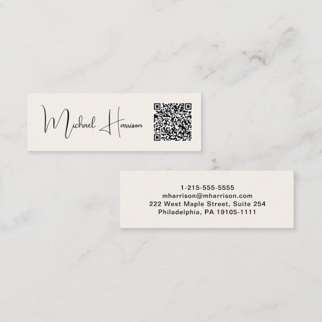 Modernes QR Code Signature Script Cream Mini Visitenkarte (Vorne/Hinten)