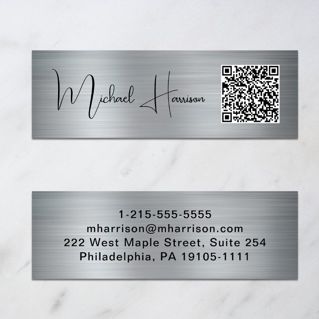 Modernes QR Code Signature Script Silver Mini Visitenkarte (Capture attention, make connections, and leave a lasting impression with our QR code business card)