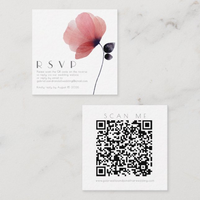 Modernes QR Code Wasserfarbenpoppy Wedding RSVP Begleitkarte (Vorne/Hinten)