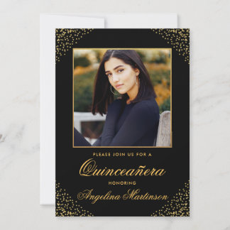 Modernes Quinceanera Foto Gold Glitzer Black Einladung