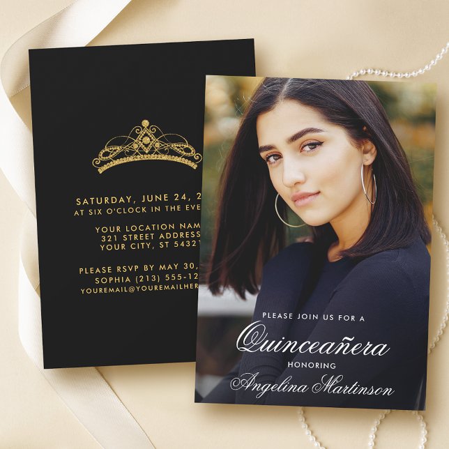 Modernes Quinceanera Foto Gold und Schwarz Einladung (Customize to change text style or text size.)