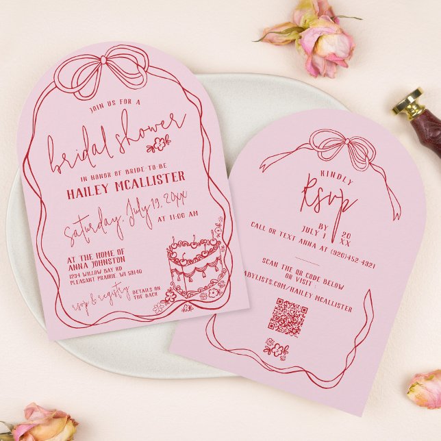 Modernes Quirky Hand Draw PINK Brautparty Einladung (Modern quirky coquette pink and red hand drawn bow vintage cake QR code arch bridal shower invite)