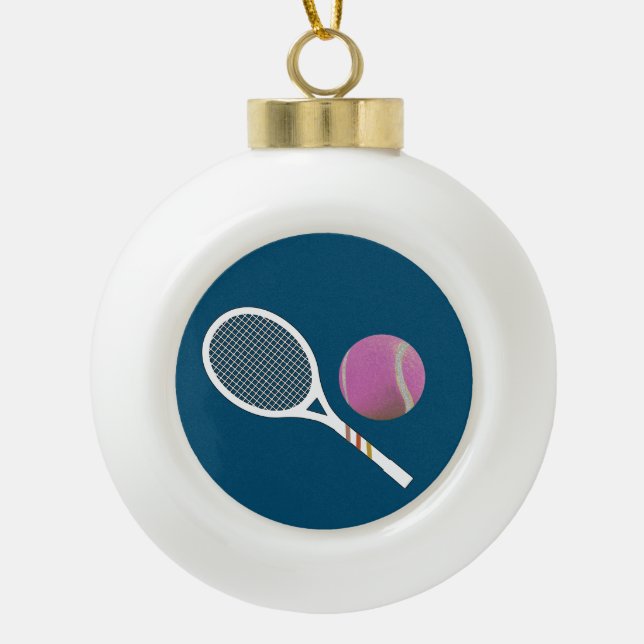 Modernes Racket mit rosa Tennisball Keramik Kugel-Ornament (Vorderseite)