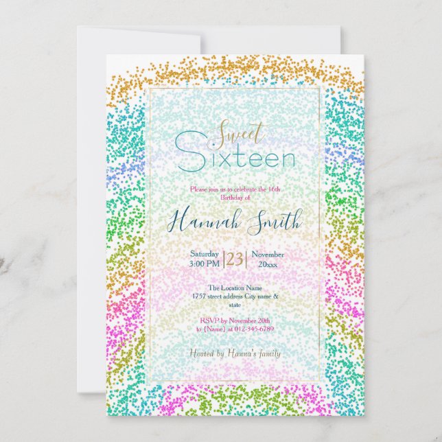 Modernes Rainbow Glitzer Dots Design Einladung (Vorderseite)