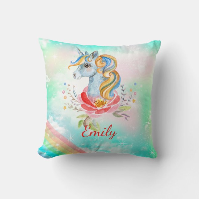 Modernes Rainbow Unicorn Girlanname Throw Kissen (Vorderseite)