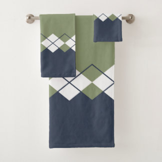Modernes, rautenfarbenes Muster, olivgrün, marineb Badhandtuch Set