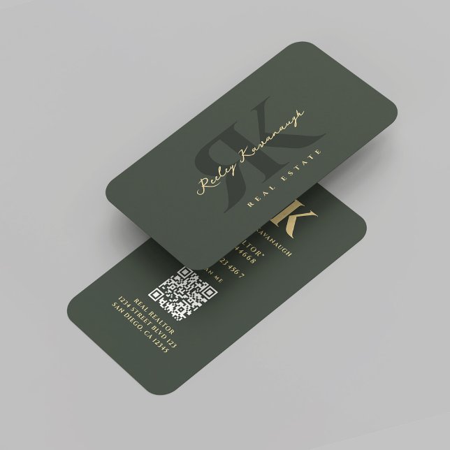 Modernes Realtor Monogram R K Dunkelgrün Visitenkarte (Modern Realtor Monogram R K Dark Green Professional Real Estate Agent Marketing Business Card
)