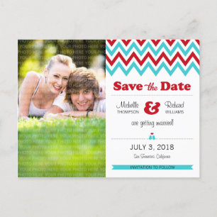 Modernes Red and Aqua Zickzack Foto Save the Date Ankündigungspostkarte