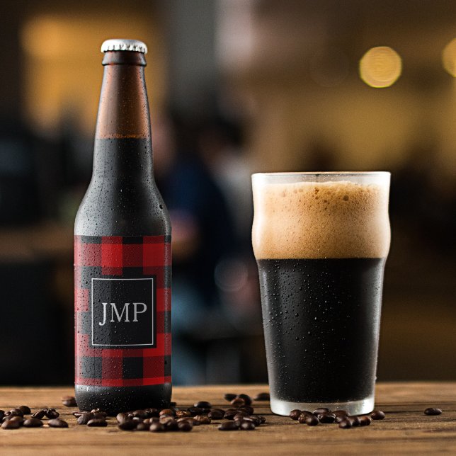 Modernes Red Buffalo Kariert | Persönliche Initial Bierflaschenetikett (Von Creator hochgeladen)