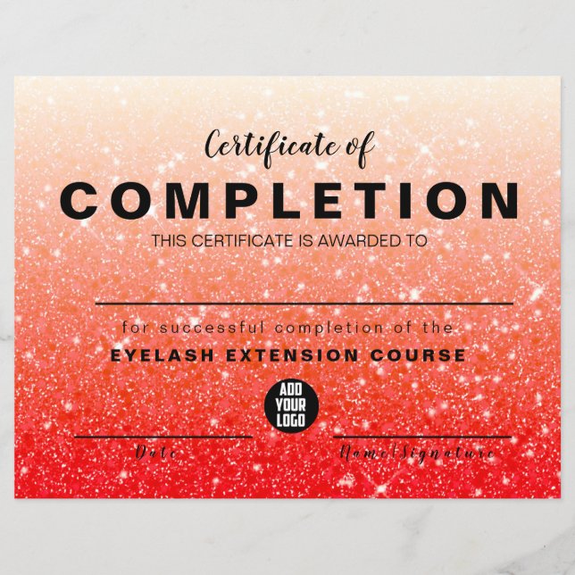 Modernes Red Glitzer Certificate of Completion (Vorderseite)