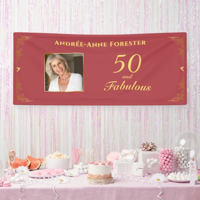 Modernes Red Gold 50 fabelhaftes Birthday Foto Banner (Party)