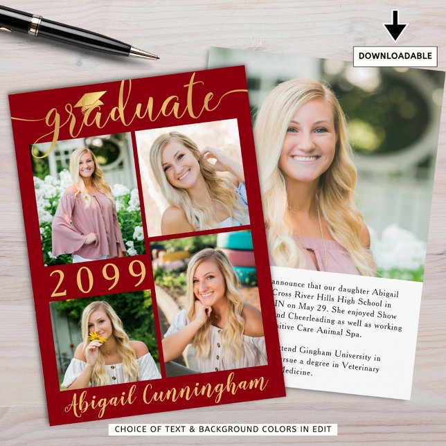 Modernes Red Gold Script 5 Foto Graduate Ankündigung (Von Creator hochgeladen)