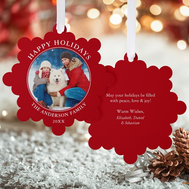Modernes Red Happy Holidays Foto Ornament Karte (A greeting card that is also an ornament! Customize with your photo and personalized text.)