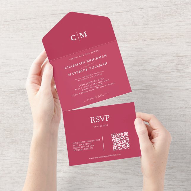 Modernes Red Magenta Monogram QR Code UAWG Wedding All In One Einladung (Abreißen)