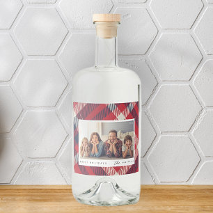 Modernes Red White Blue Kariert Weihnachtsfamilien Alkoholflaschenetikett