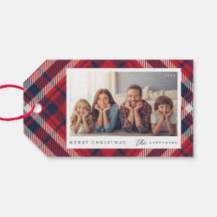 Modernes Red White Blue Kariert Weihnachtsfamilien Geschenkanhänger