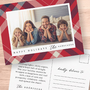 Modernes Red White Blue Kariert Weihnachtsfamilien Postkarte
