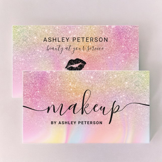 Modernes Regenbogen-Glitzer-Marmor mit gürtelrosa  Visitenkarte (Modern rainbow glitter marble girly pink makeup business card)