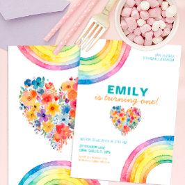 Modernes Regenbogenherz Floral Girl zum Geburtstag Einladung
