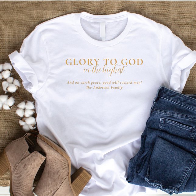 Modernes, religiös Christliches Glaubensgrundgold  T-Shirt (Christianfaith-based t-shirt with Bible verse Luke 2:14 "Glory to God in the Highest")