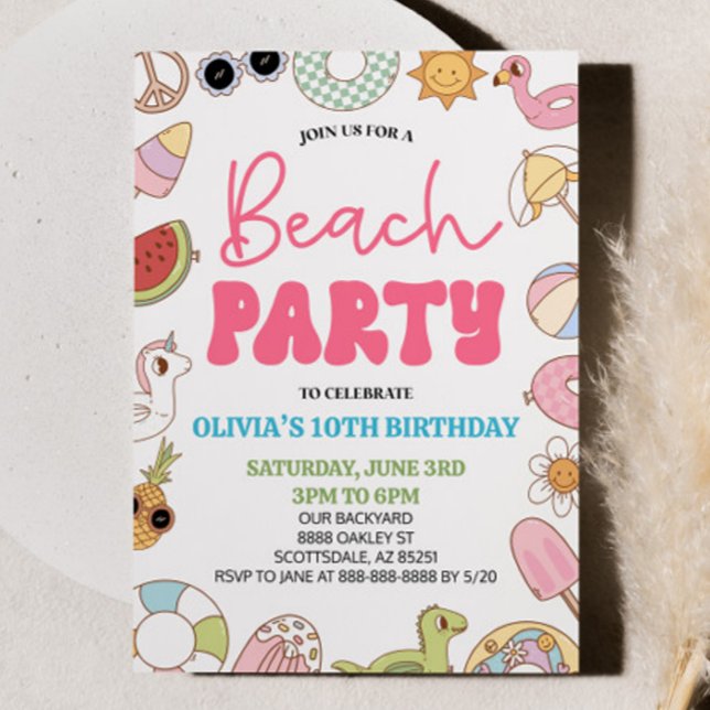 Modernes Retro 70er Jahre Summer Birthday Beach Pa Einladung (Von Creator hochgeladen)