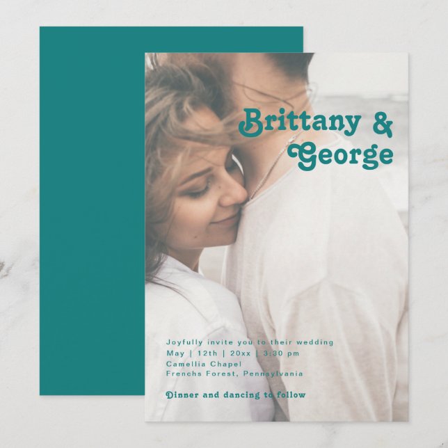 Modernes Retro | Aquamarine Lässige Foto-Hochzeit Einladung (Vorne/Hinten)