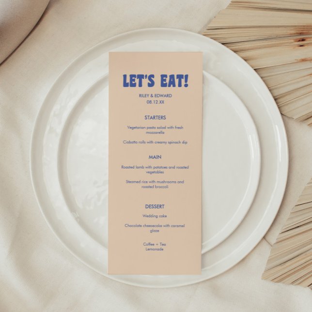 Modernes Retro Blue & Beige 'Let's Eat'! Hochzeit Menükarte (Von Creator hochgeladen)