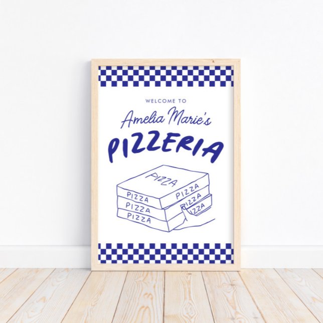 Modernes Retro Blue Pizzeria Pizza Party Poster (Von Creator hochgeladen)