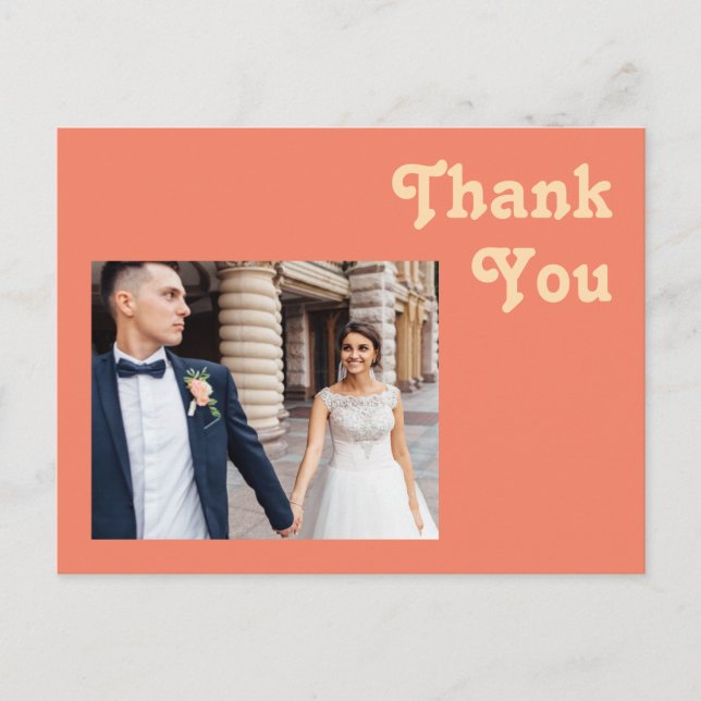 Modernes Retro | Coral Foto Wedding Vielen Dank Postkarte (Vorderseite)