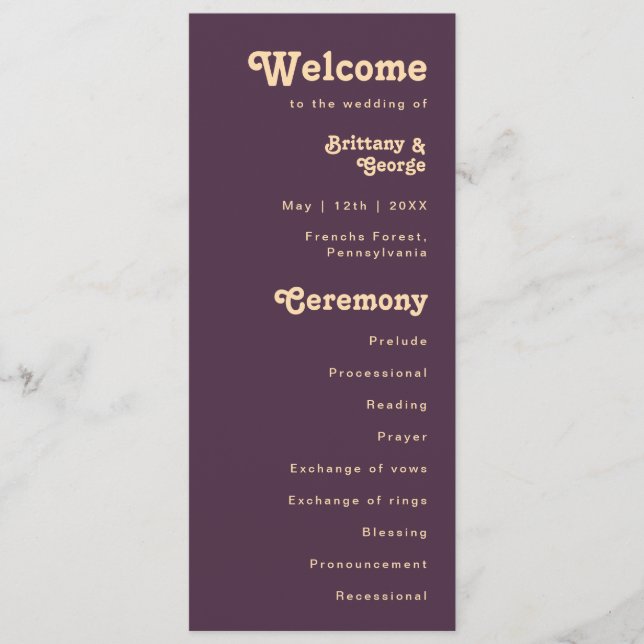 Modernes Retro | Dark Lila Cream Wedding Program Programm (Vorderseite)