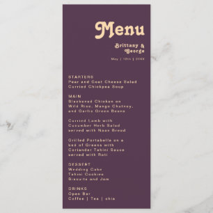 Modernes Retro   Dark Lila Wedding Dinner Menu Menükarte
