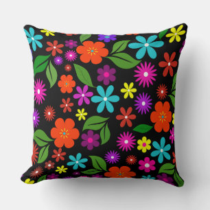 Modernes Retro-florales Schwarz Mitte des Jahrhund Kissen
