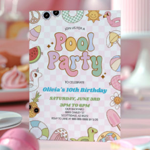 Modernes Retro Groovy Summer Birthday Pool Party Einladung