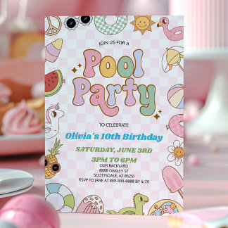 Modernes Retro Groovy Summer Birthday Pool Party Einladung