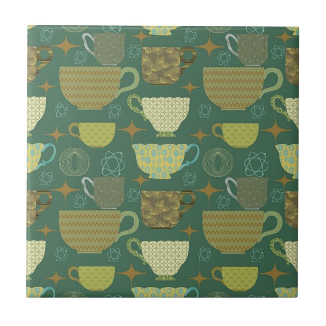 Modernes Retro-grünes Teakup aus dem Mittelalter Fliese (Vorderseite)