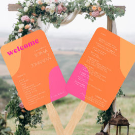 Modernes Retro-Hochzeitsprogramm in rosa Orange Fächer