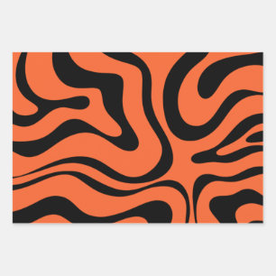 Modernes Retro Liquid Swirl Abstrakt Schwarz Orang Geschenkpapier Set